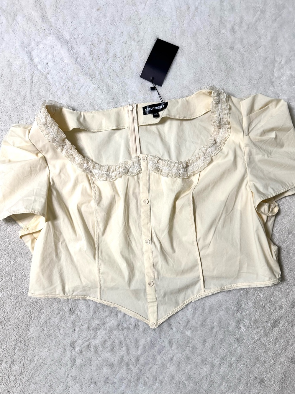 NWT- LIVELY GHOST Cream Ruffle-Trim Button romantic goth cropped Top